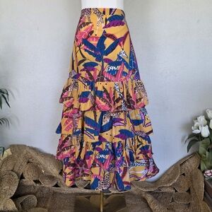 Oliphant Jungle Print Tiered Maxi Skirt  Yellow Safari Ruffle Cotton Boho Resort